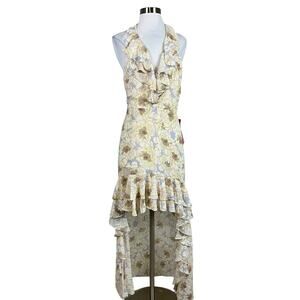 Badgley Mischka Floral Print Ruffled High Low Halter Maxi Dress Cream Size 8